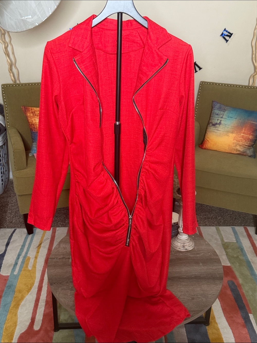 Red Ruched Zip-Front Women's Dress - Picture 2 of 3
